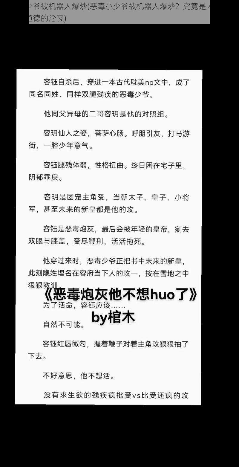 恶毒小少爷被机器人爆炒(恶毒小少爷被机器人爆炒？究竟是人性的扭曲还是道德的沦丧)