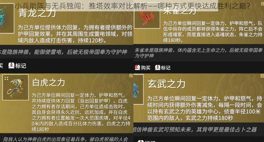 小兵助阵与无兵独闯：推塔效率对比解析——哪种方式更快达成胜利之巅？